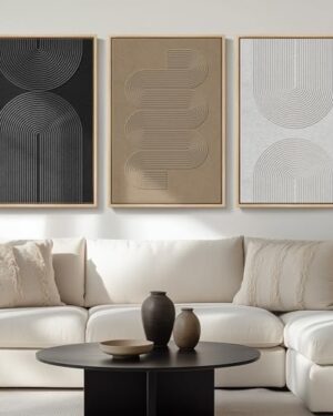 Large Framed Boho Modern Neutral Abstract Wall Art for Living Room, 3 Piece Black and White Canvas Prints Paintings Artwork for Walls, Geometric Pictures for Office Bedroom Dining Room Decor, 24x36 In