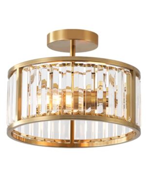 LHLYCLX Brass Gold Flush Mount Ceiling Light, 2- Light Caged Crystal Chandelier, Small Drum Hallway Light fixtures Ceiling Mount (Brass Gold)