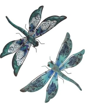 LIFFY Glass Metal Dragonfly Wall Decor Pair - Outdoor Wall Art for Garden and Home - Hanging Decor Gifts for Women, Light Blue