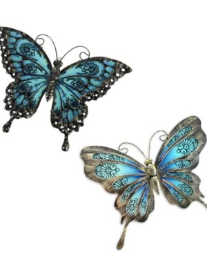 LIFFY Metal Butterfly Wall Decor,2Pack 12" Hanging Glass Butterfly Outdoor Decor,Garden Decorative Ornaments Outside for Home,Yard,Fence,Patio