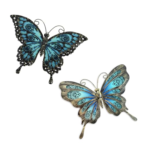 LIFFY Metal Butterfly Wall Decor,2Pack 12" Hanging Glass Butterfly Outdoor Decor,Garden Decorative Ornaments Outside for Home,Yard,Fence,Patio