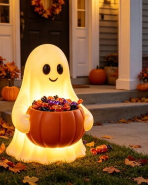 Lighted Halloween Ghost Candy Bowl, Cute LED Ghost Holding Pumpkin Candy Bucket for Trick or Treat, Outdoor Halloween Decorations for Front Porch, Indoor Yard Patio Halloween Decor