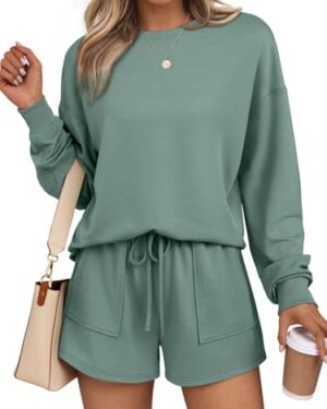LILLUSORY Lounge Sets for Women Two Piece Sweat Short Set Green M