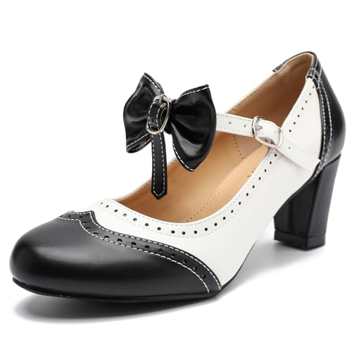 LIURUIJIA Women's Vintage Bow Mary Jane Pumps Chunky Dress Shoes Black 7