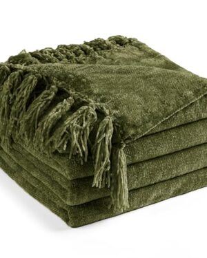 LONG CREATE Chenille Throw Blanket for Couch 60" x 80" Twin, Olive Green