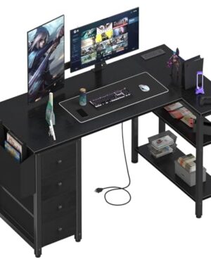 Lufeiya L Shaped Gaming Desk with Power Outlet, 47 Inch Reversible Corner Computer Desk with Drawers & Storage Shelves for Home Office Bedroom, L-Shaped Teen PC Desks with Fabric Drawer, Black