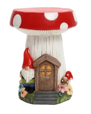 LuxenHome 17" Gnome Garden Statue, Mushroom House Statue Outdoor Side Table