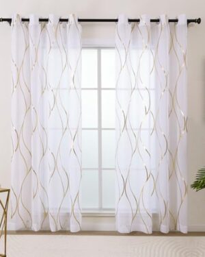 L.Z.E White and Gold Sheer Curtains 84 Inches Long 2 Panels Set, Gold Foil Printed Sheer Curtains for Living Room Dining Room, Light Filtering Grommet Window Drapes with Wave Patterns