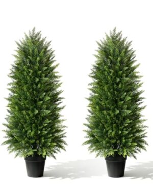 Mavis's Diary 3FT Artificial Cedar Topiary Trees (2 Pack) – UV Resistant Fake Evergreen Shrubs with Extra Dense Foliage, Odorless Potted Faux Plants for Front Porch & Garden Decor