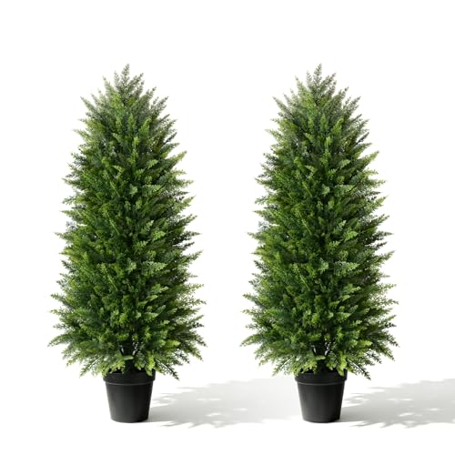 Mavis's Diary 3FT Artificial Cedar Topiary Trees (2 Pack) – UV Resistant Fake Evergreen Shrubs with Extra Dense Foliage, Odorless Potted Faux Plants for Front Porch & Garden Decor