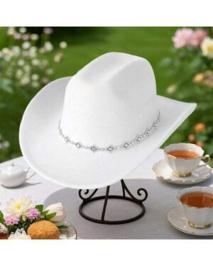 Men Women Felt Cowgirl Hat Wide Brim Jazz Cap Stylish Sparkly Belt Western Cap For Daily Life Party