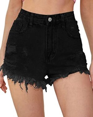 Metietila Women's High Waisted Stretchy Denim Shorts Ripped Raw Hem Summer Jeans Shorts Black Small