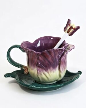 Minigift Ceramic Tea Cup and Saucer Set ,6OZ 3D Hand-Painted Flower and Lotus Leaf Coffee Mug,Gift for Women- Purple Tulip