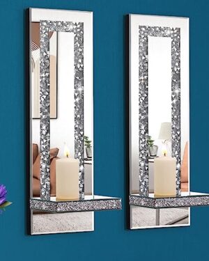 Mirrored Wall Candle Sconces Holder Set of 2, Wall Decor Living Room