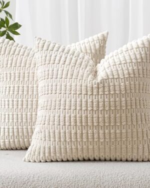 MIULEE Corduroy Decorative Throw Pillow Covers 18x18 Cream White Pack of 2