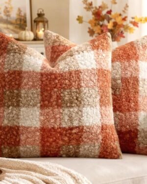 MIULEE Fall Plaid Pillow Covers Boucle Orange 18x18 Set of 2