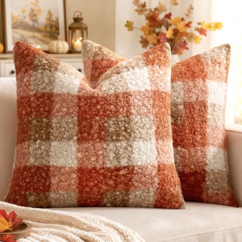 MIULEE Fall Plaid Pillow Covers Boucle Orange 18x18 Set of 2