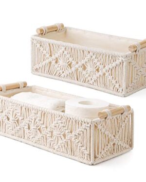 Mkono 2Pc Macrame Storage Basket, Boho Decor Toilet Paper Holder, Ivory
