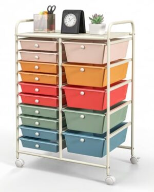 Moccha 15-Drawer Rolling Storage Cart - Under Desk Storage Drawers with wheels for Craft Art Supply Paper Salon, Scrapbook Paper Tools, Mobile Utility Cart for Classroom (15 Drawers, Macaron)