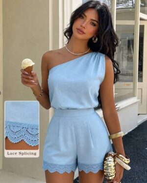 Modelyn Women's 2-Piece Set, One-Shoulder Top Paired With Floral Trim Shorts, Romantic Vacation Casual Outfit For Summer