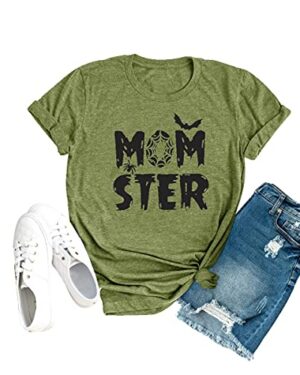 Momster T Shirt Women Funny Halloween Spider Bat Graphic Tee Casual Mom Ster Letter Print Hocus Pocus Tops(Green, Medium)