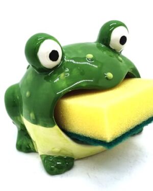 MONMOB Cute Ceramic Frog Sponge Holder for Kitchen Sink 4.7”, Green Yellow, Ceramicfrogspongeholder1
