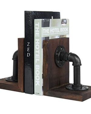 MyGift Burnt Wood Bookends with Metal Industrial Pipe Design, 2 Piece Set