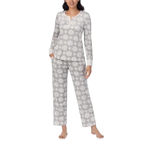 Nautica Pajamas for Women Set, Womens Long Sleeve Henley Pajama Shirt Top & Pants, Cozy Soft Sleepwear Lounge PJ Sets for Women, Women's Winter Warm Fleece PJs Loungewear - Grey Snowflake, Medium