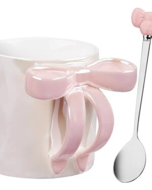 NiHome Cute Pink Bow Handle Ceramic Coffee Mug 12oz, Electroplated Shimmering Starry Finish, High-Temperature Fired, Girly Aesthetic Cup for Women, Home Office Travel, Pink