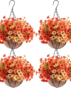 NSOPB Artificial Fall Flowers Hanging Basket, Fake Mums Planters Outdoor