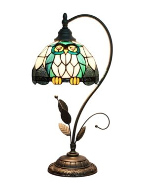 NUODITOS Tiffany Table Lamp Owl Stained Glass Bedside Lamp Tiffany Style S Metal Leaves Desk Light for Home Living Room Office Dormitory Bar Family Friends Gift