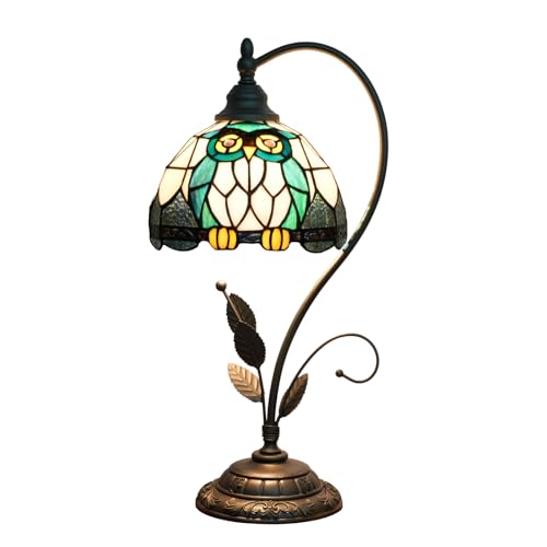 NUODITOS Tiffany Table Lamp Owl Stained Glass Bedside Lamp Tiffany Style S Metal Leaves Desk Light for Home Living Room Office Dormitory Bar Family Friends Gift