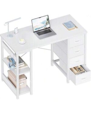 ODK 40 Inch Small White Computer Desk With 4 Fabric Drawers, Modern Office Desk For Home Office Gaming With Storage Shelves Study, White