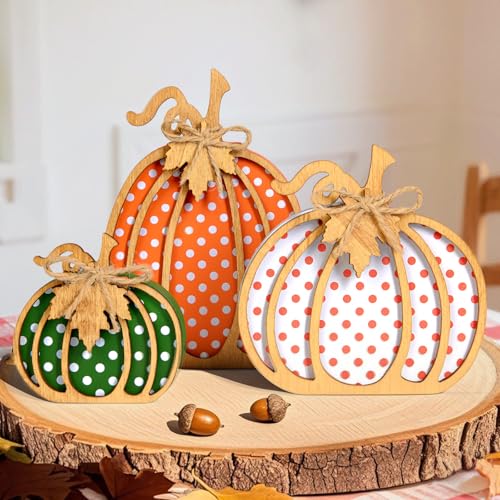 OLANRUN Fall Decorations for Home, 3-Piece Wooden Pumpkin Fall Decor, Rustic Farmhouse Indoor Autumn Thanksgiving Decorations for Table Centerpiece, Tiered Tray, Mantel, Shelf, Office (4-8 Inch)