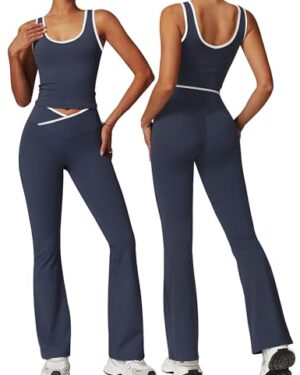 OLCHEE Womens Workout Sets 2 Piece Gym Yoga Outfits Crossover Flare Leggings Crop Tank Top with Contrast Trim - Navy Small
