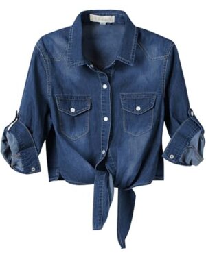 Omoone Women's 3/4 Sleeve Modern Denim Crop Top Tie Knot Shirt Chambray Cardigan (Dark Blue, XL)
