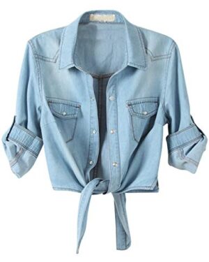 Omoone Women's 3/4 Sleeve Modern Denim Crop Top Tie Knot Shirt Chambray Cardigan (0774-Light Blue-XL)