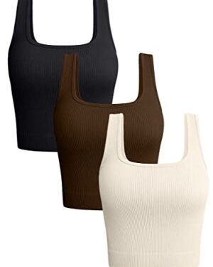 OQQ Women's 3 Piece Tank Tops Ribbed Seamless Workout Exercise Shirts 2025 Summer Basic Camis Black Coffee Beige