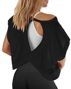 Panadila Womens Open Back Workout Tops Oversized Tshirts, Black, XS