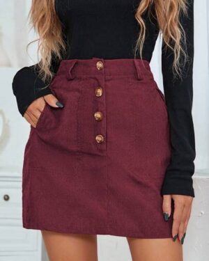 Pariaura Women's Solid Color Button Front Pocket A-Line Casual Midi Skirt