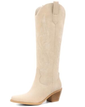 Pasuot Western Cowboy Boots for Women - Knee High Wide Calf Cowgirl Boots, Slip On Pointed Toe Chunky Heel Fashion Retro Classic Pull On Tall Boot for ladies Party concert Beige US 8