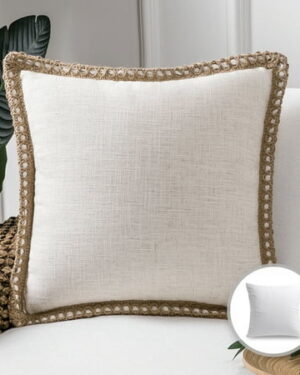 Phantoscope Linen Trimmed Farmhouse Series Decorative Throw Pillow, 18" x 18", Off White, 1 Pack