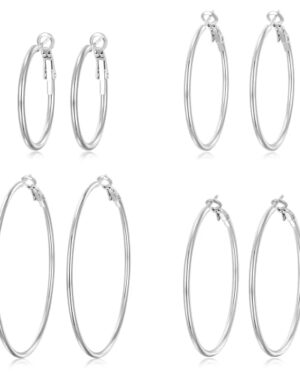 PICKBEAU 4 Pairs Silver Hoop Earrings for Women 14K White Gold Plated Lightweight Big Hoops Earring Set Hypoallergenic Trendy Jewelry Gift