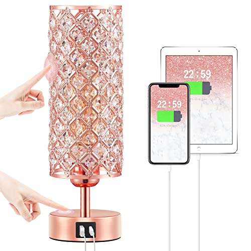 Pink Crystal Table Lamp, 3 Way Dimmable Touch Lamps for Night Stands