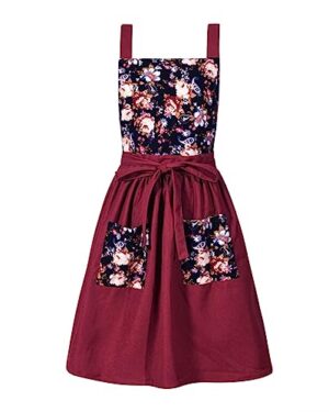 Pinknoke Vintage Pinafore Apron Dress for Women with Pockets Cute Floral Chef Aprons for Kitchen Cooking Baking Gardening (Claret)