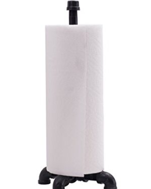 Pipe DÉCOR Black Electroplated Industrial Paper Towel Holder, Rustic Kitchen Farmhouse Decoration, Durable Metal Base and Stand Set