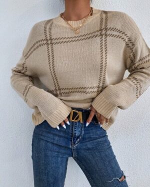 Plaid Pattern Drop Shoulder Crew Neck Casual Long Sleeve Pullover Sweater