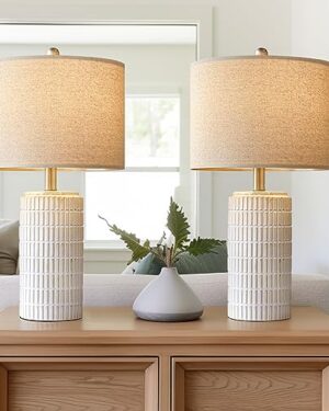 PoKat 23" Modern Ceramic Table Lamp Set of 2 for Living Room Bedroom, White