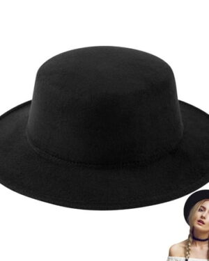 Ponpon Fashion Classic Fedora Flat Hat, Unisex Wide Brim Jazz Hats Church Derby Cap for Women and Men, Black