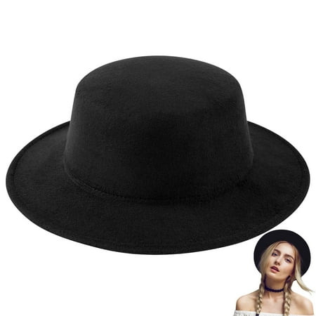 Ponpon Fashion Classic Fedora Flat Hat, Unisex Wide Brim Jazz Hats Church Derby Cap for Women and Men, Black